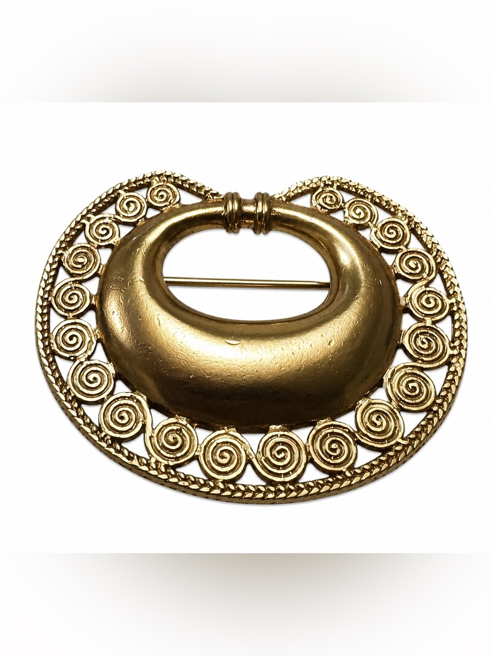 Precolumbian? Goldtone Oval Brooch With Hole Swirls Pin Beautiful